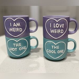 Set of 4 Valentine Conversation Heart Mugs - Purple & Teal NEW